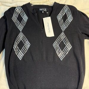 Agnes B. Black Top with Silver Geometric Design